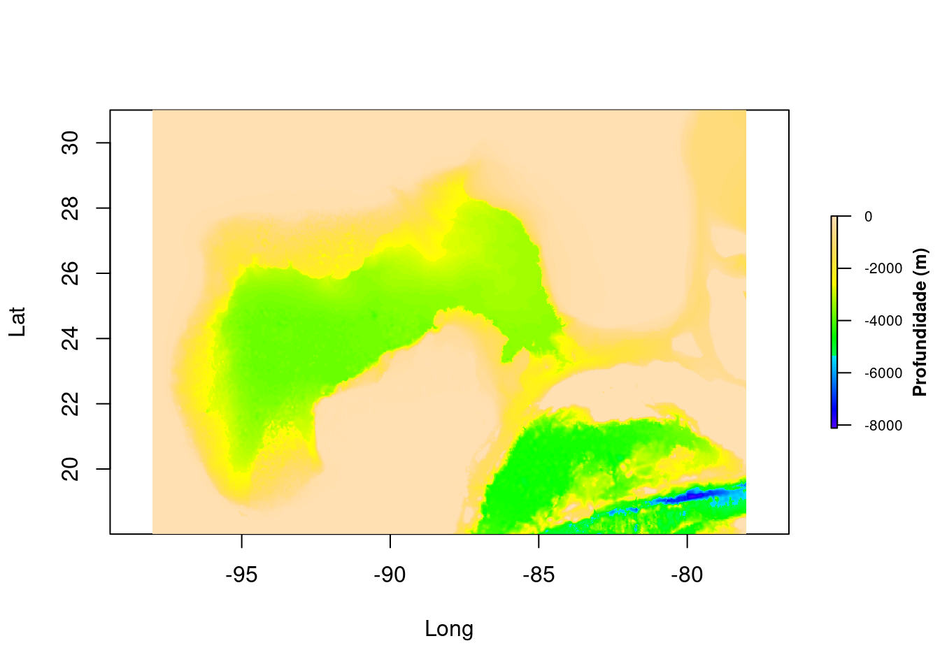 Plot em _raster_: Batimetria do Golfo do México (https://geo.gcoos.org/data/topography/SRTM30PLUS.html)